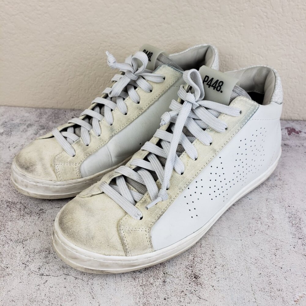P448 John Mid Top Sneaker Pixel White/Off White Leather Suede Distressed sz 38
